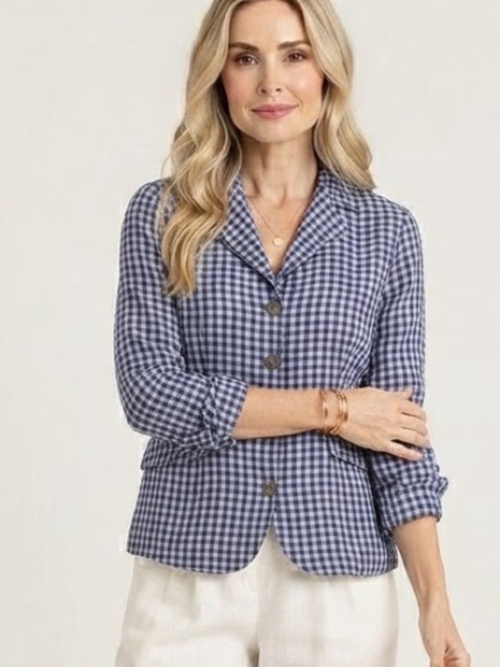 Sundance "Ziri" Linen Blue Gingham Blazer Jacket Size Medium